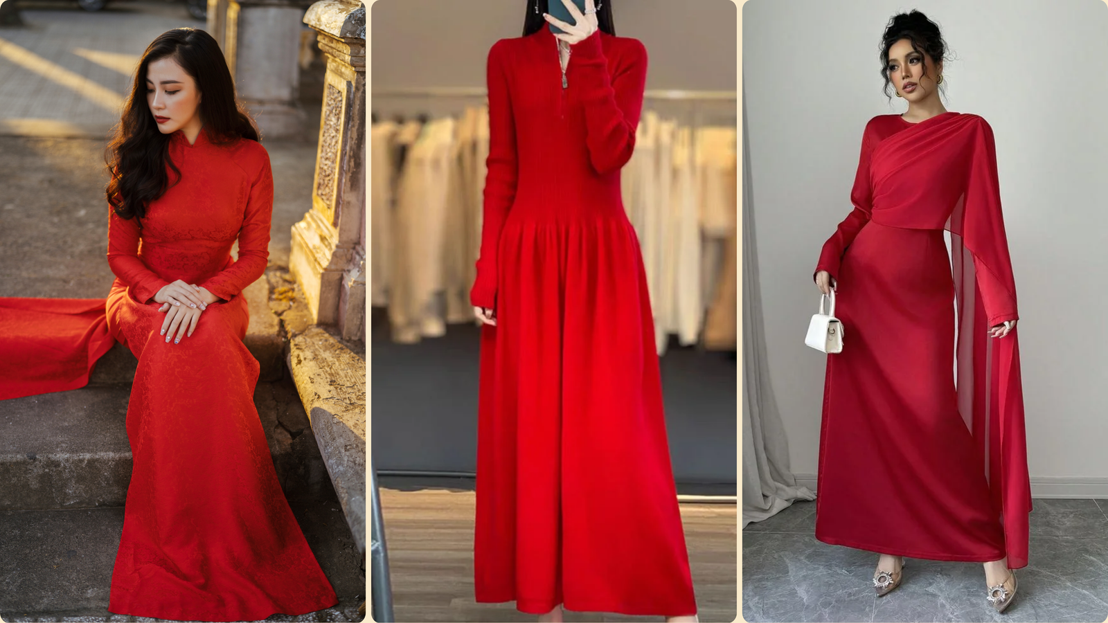 Stunning Red Christmas Dress ideas for women, featuring an elegant lace gown, a cozy knit midi dress, and a chic draped gown.