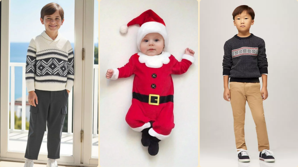 Boys dressed in festive outfits: a cozy sweater look, a baby Santa costume, and a stylish sweater with beige pants.