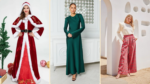 Three festive Christmas outfit ideas: a Santa-inspired velvet dress, an elegant green satin gown, and a cozy plaid trousers look.