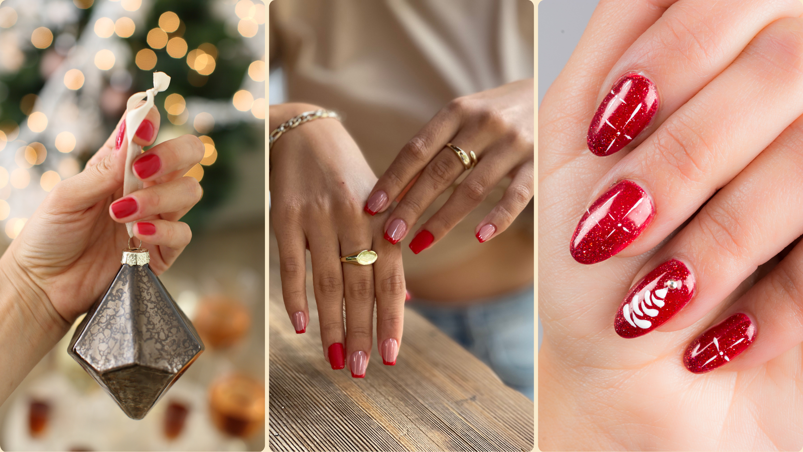 Close-up of festive glitter nails in various designs, featuring red, gold, and silver sparkles, perfect for Christmas celebrations.