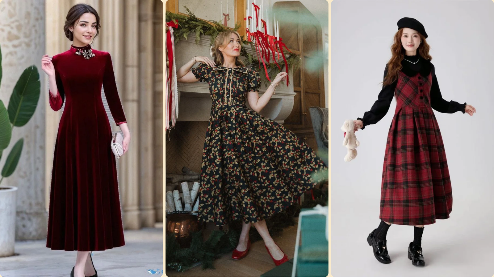 18 stunning Christmas party dress ideas for women featuring a red velvet gown, a floral midi dress, and a plaid pinafore outfit.